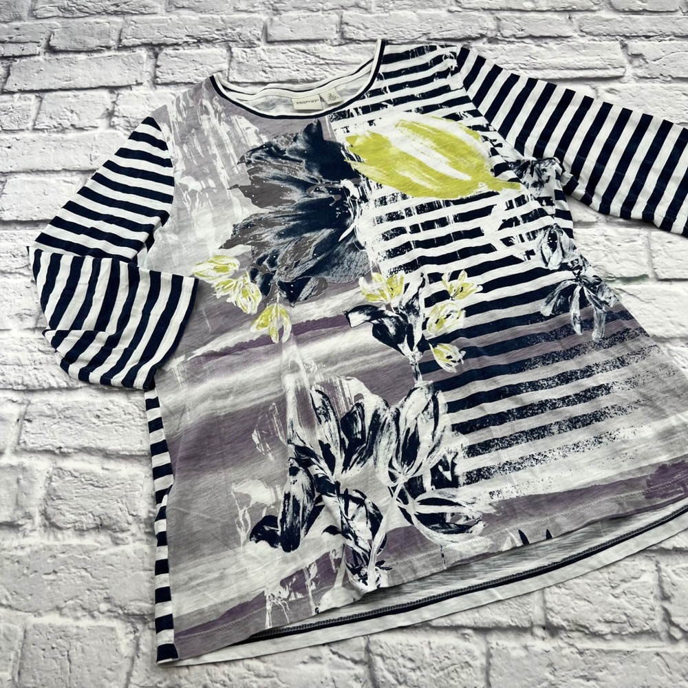 Zenergy by Chicos Women's Navy Striped Floral 3/4 Sleeve Shirt Size 2 Large